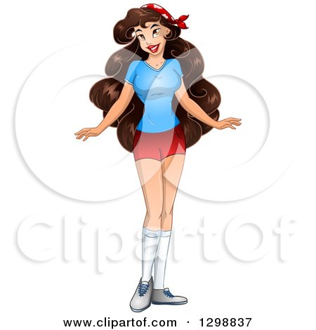 Clipart of a Beautiful Brunette White Woman in a T Shirt and Shorts - Royalty Free Vector Illustration by Liron Peer