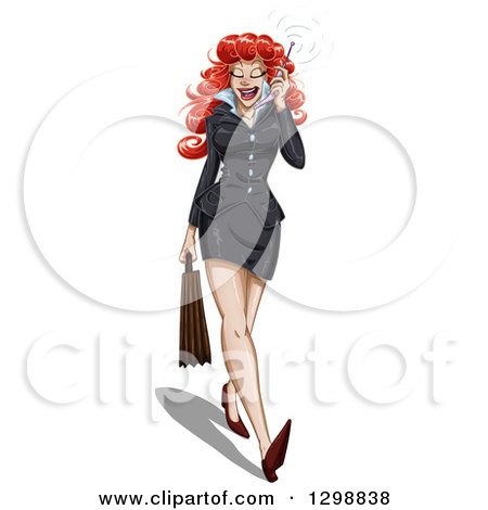Clipart of a Beautiful Red Haired White Business Woman in a Skirt, Walking and Talking on a Cell Phone - Royalty Free Vector Illustration by Liron Peer