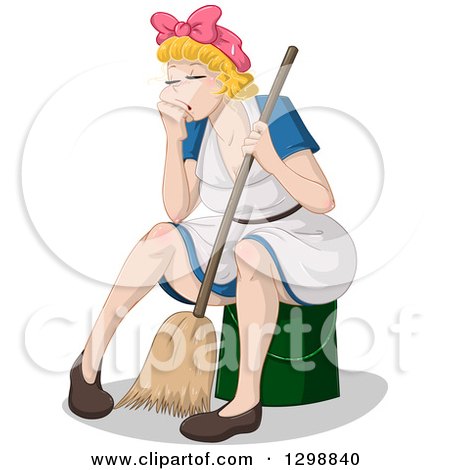 Clipart of an Exhausted Blond White Woman Sitting on a Bucket and Resting with a Broom While Spring Cleaning - Royalty Free Vector Illustration by Liron Peer