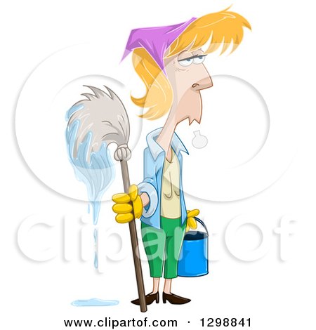 Clipart of an Exhausted Blond White Woman Holding a Mop and Bucket - Royalty Free Vector Illustration by Liron Peer
