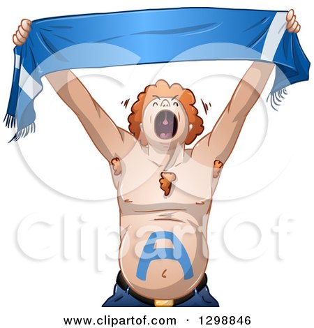Clipart of a Red Haired White Male Sports Team Fan with a Letter a Painted on His Belly, Armpit and Chest Hair, Screaming and Holding up a Banner - Royalty Free Vector Illustration by Liron Peer