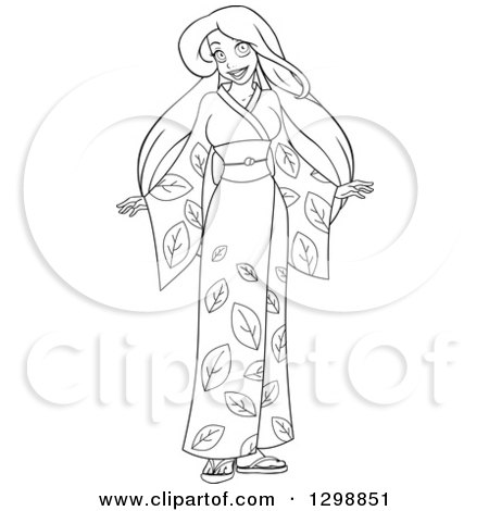 Clipart of a Lineart Black and White Woman in a Leaf Kimono - Royalty Free Vector Illustration by Liron Peer