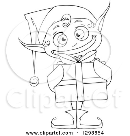 Clipart of a Lineart Black and White Grinning Male Christmas Elf Holding a Gift - Royalty Free Vector Illustration by Liron Peer