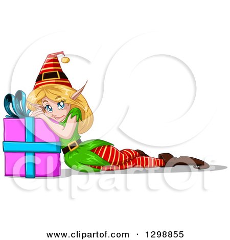 Clipart of a Blue Eyed Blond White Female Christmas Elf Resting and Leaning on a Present - Royalty Free Vector Illustration by Liron Peer