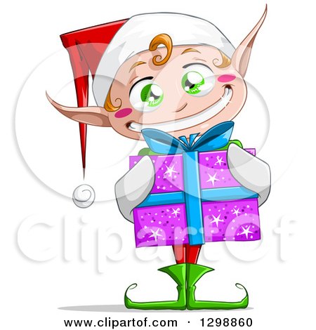 Clipart of a Green Eyed White Grinning Male Christmas Elf Holding a Gift - Royalty Free Vector Illustration by Liron Peer