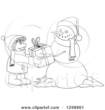 Clipart of a Lineart Black and White Christmas Snowman Giving a Gift to a Boy - Royalty Free Vector Illustration by Liron Peer