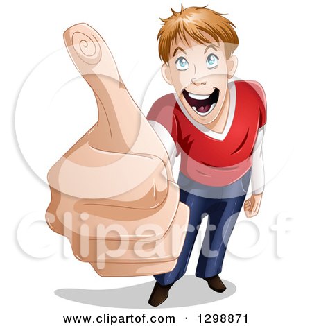 Clipart of a Cartoon Blue Eyed Young White Man Holding a Thumb up - Royalty Free Vector Illustration by Liron Peer