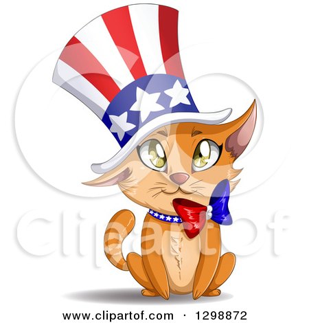 Clipart of a Cute Independence Day Patriotic Ginger Kitten Wearing an American Top Hat - Royalty Free Vector Illustration by Liron Peer