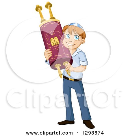 Clipart of a Happy Young Jewish Boy Holding a Torah for Bar Mitzvah - Royalty Free Vector Illustration by Liron Peer