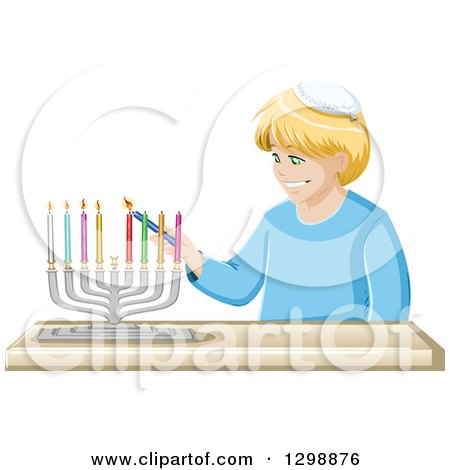 Clipart of a Happy Blond Jewish Boy Lighting Colorful Hanukkiah Candles - Royalty Free Vector Illustration by Liron Peer