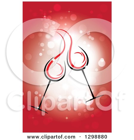 Clipart of a Clinking Cocktail or Wine Glasses over Red Sparkles - Royalty Free Vector Illustration by ColorMagic