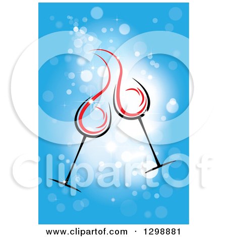 Clipart of a Clinking Cocktail or Wine Glasses over Blue Sparkles - Royalty Free Vector Illustration by ColorMagic