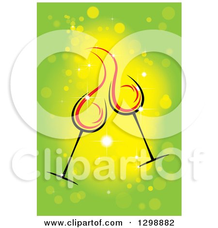 Clipart of a Clinking Cocktail or Wine Glasses over Green Sparkles - Royalty Free Vector Illustration by ColorMagic