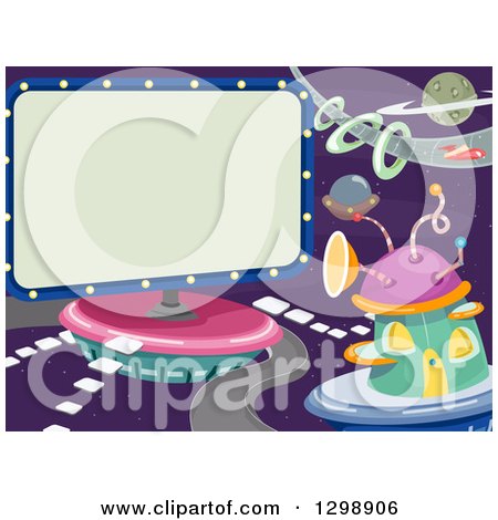 Clipart of a Futuristic Outer Space City with a Jumbotron - Royalty Free Vector Illustration by BNP Design Studio