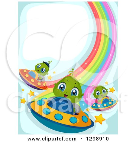 Clipart of Cute Alien Kids Flying UFOs and Leaving Rainbow Trails - Royalty Free Vector Illustration by BNP Design Studio
