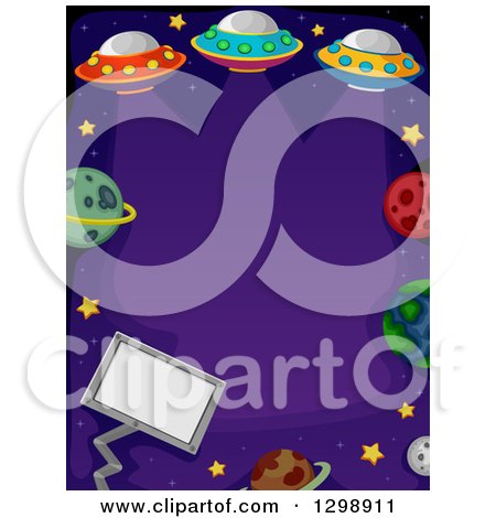Clipart of a Border of Ufo Flying Saucers, Planets, Stars and a Sign on Purple - Royalty Free Vector Illustration by BNP Design Studio