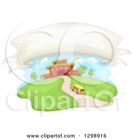 Clipart of a Blank Banner over a School Bus Approaching a Building - Royalty Free Vector Illustration by BNP Design Studio