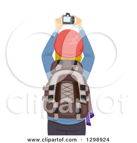 Clipart of a Rear View of a Blond White Woman Taking Pictures with Her Camera While Hiking - Royalty Free Vector Illustration by BNP Design Studio