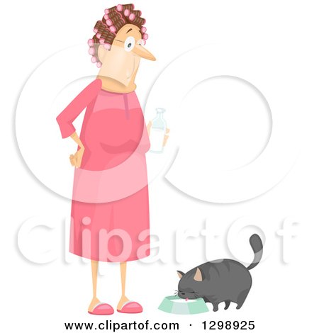 Clipart of a White Granny with Curlers and a Pink Nightgown, Giving Her Cat Milk - Royalty Free Vector Illustration by BNP Design Studio