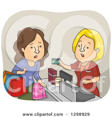 Clipart of a Cartoon Caucasian White Woman on a Shopping Spree, Having a Declined Order - Royalty Free Vector Illustration by BNP Design Studio