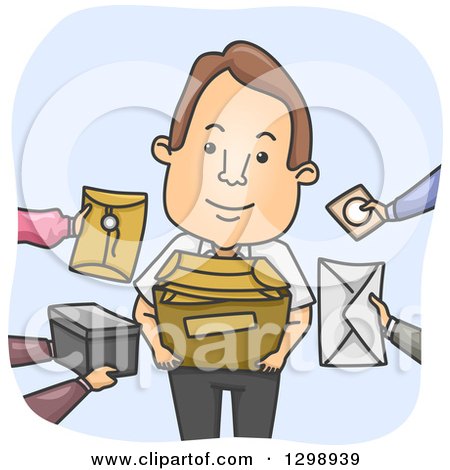 Clipart of a Cartoon Happy Brunette White Messenger Receiving Packages and Envelopes - Royalty Free Vector Illustration by BNP Design Studio