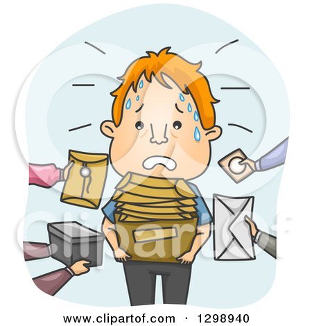 Clipart of a Cartoon Stressed Red Haired White Messenger Receiving Packages and Envelopes - Royalty Free Vector Illustration by BNP Design Studio