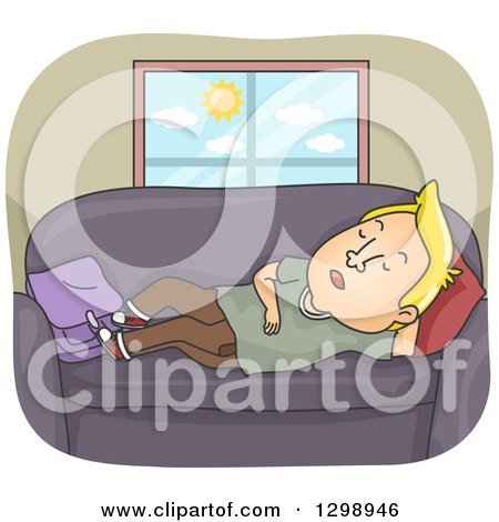 Clipart of a Cartoon Blond White Man Naping on a Sofa During the Day - Royalty Free Vector Illustration by BNP Design Studio