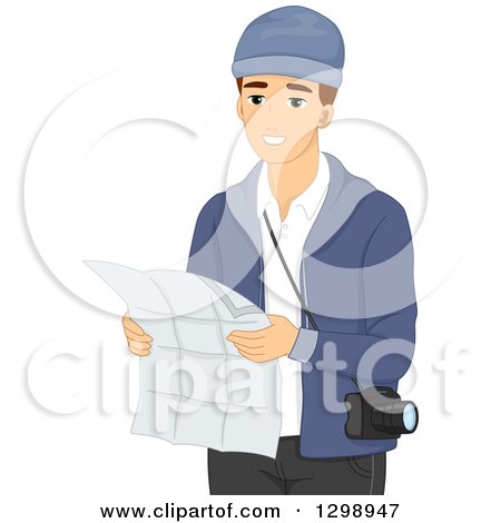 Clipart of a Young Brunette White Male Tourist Looking at a Map - Royalty Free Vector Illustration by BNP Design Studio