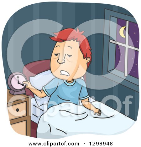 Clipart of a Cartoon Tired and Restless Red Haired White Man Checking the Clock in the Middle of the Night - Royalty Free Vector Illustration by BNP Design Studio