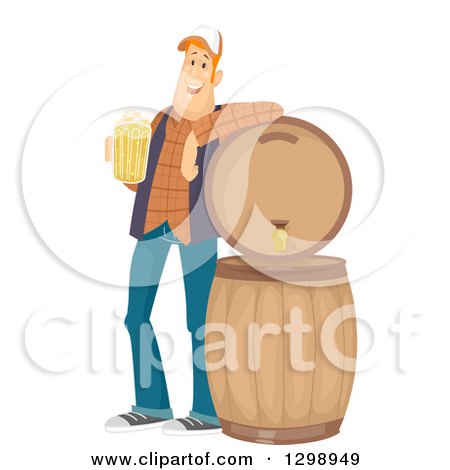 Clipart of a Happy Red Haired White Man Holding a Mug and Leaning Against Beer Barrels - Royalty Free Vector Illustration by BNP Design Studio