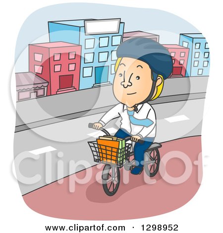 Clipart of a Cartoon Blond White Man Riding a Bicycle with a Basket Through a City - Royalty Free Vector Illustration by BNP Design Studio