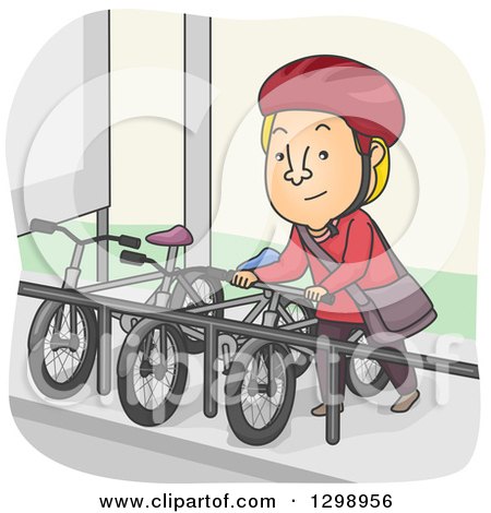 Clipart of a Cartoon Blond White Man Parking His Bike at a Rack - Royalty Free Vector Illustration by BNP Design Studio