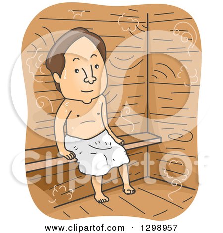 Clipart of a Cartoon Brunette White Man Sweating in a Sauna - Royalty Free Vector Illustration by BNP Design Studio