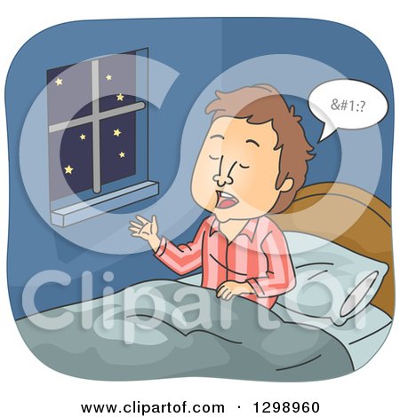 Clipart of a Cartoon Brunette White Man Sitting up and Talking in His Sleep - Royalty Free Vector Illustration by BNP Design Studio