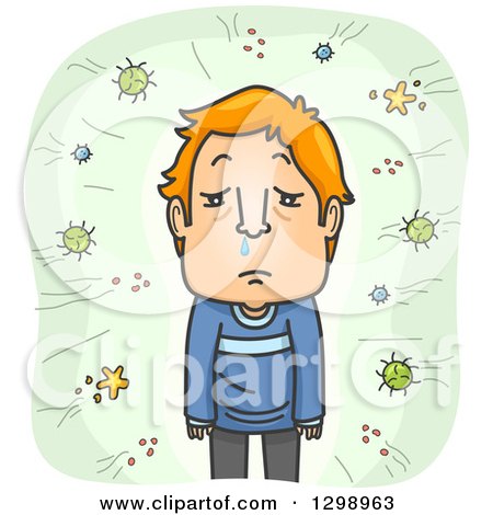 Clipart of a Cartoon Red Haired White Man with a Runny Nose, Being Attacked by Viruses - Royalty Free Vector Illustration by BNP Design Studio