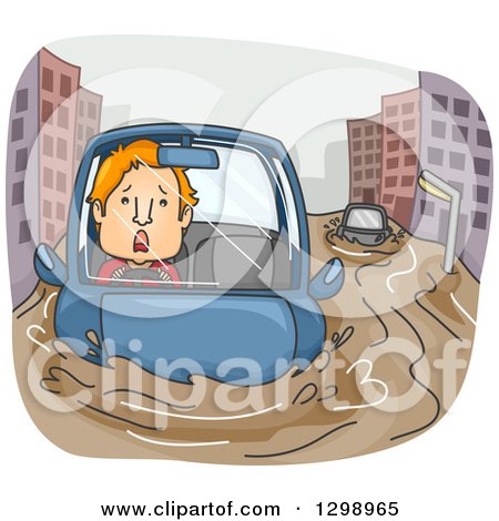 Clipart of a Cartoon Red Haired White Man Driving in a Flooded City - Royalty Free Vector Illustration by BNP Design Studio
