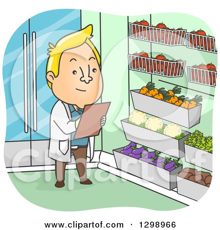Clipart of a Cartoon Blond White Male Food Inspector by Vegetables in a Market - Royalty Free Vector Illustration by BNP Design Studio