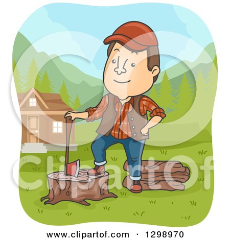 Clipart of a Cartoon Brunette Male Lumberjack Resting on a Stump by a House - Royalty Free Vector Illustration by BNP Design Studio