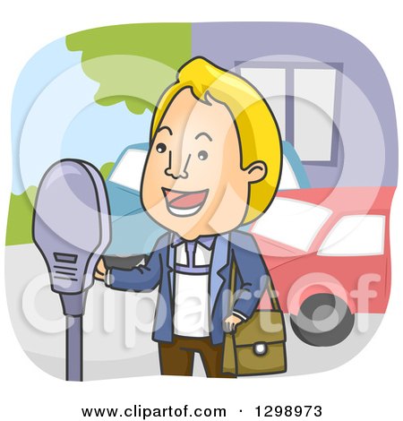 Clipart of a Cartoon Blond White Man Paying Parking Fees at a Meter - Royalty Free Vector Illustration by BNP Design Studio
