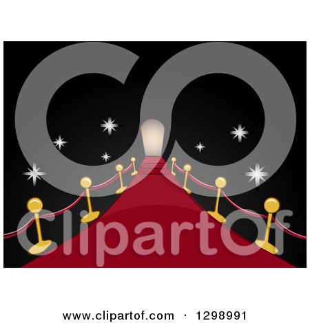 Clipart of a Red Carpet and Posts Leading to a Door Way with Flashes of Cameras in the Dark - Royalty Free Vector Illustration by BNP Design Studio