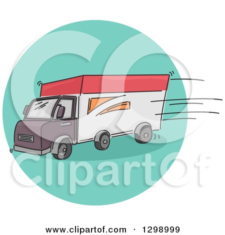 Clipart of a Sketched Delivery Truck on a Turquoise Circle - Royalty Free Vector Illustration by BNP Design Studio