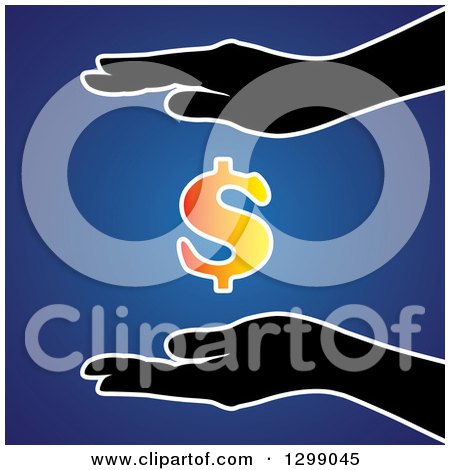 Clipart of Silhouetted Hands Protecting a Gradient Dollar Currency Symbol, over Blue - Royalty Free Vector Illustration by ColorMagic
