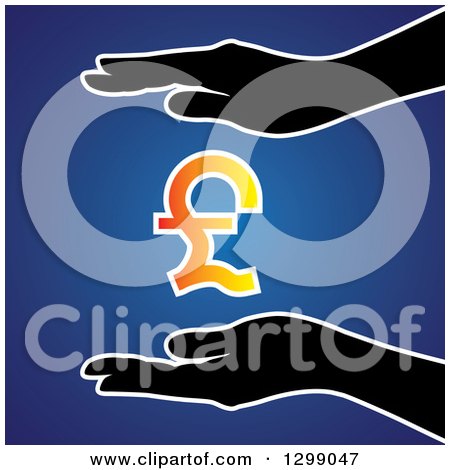 Clipart of Silhouetted Hands Protecting a Gradient Pounds Currency Symbol, over Blue - Royalty Free Vector Illustration by ColorMagic