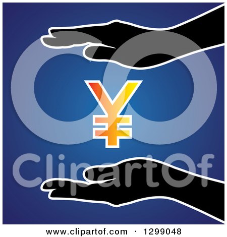 Clipart of Silhouetted Hands Protecting a Gradient Yen Currency Symbol, over Blue - Royalty Free Vector Illustration by ColorMagic