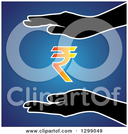 Clipart of Silhouetted Hands Protecting a Gradient Rupee Currency Symbol, over Blue - Royalty Free Vector Illustration by ColorMagic