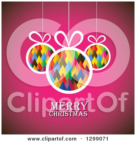 Clipart of Pyramid Patterned Baubles Suspended over Pink with Merry Christmas Text - Royalty Free Vector Illustration by ColorMagic