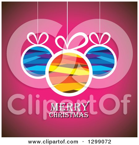 Clipart of Ribbon Patterned Baubles Suspended over Pink with Merry Christmas Text - Royalty Free Vector Illustration by ColorMagic
