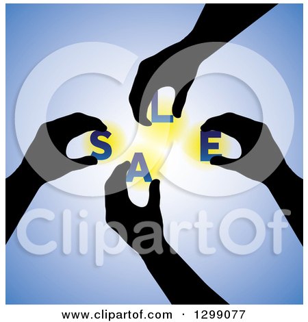 Clipart of Black Silhouetted Hands Holding Letters Spelling SALE over Blue - Royalty Free Vector Illustration by ColorMagic