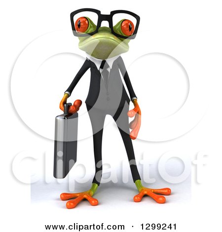 Clipart of a 3d Bespectacled Green Business Springer Frog Standing with a Briefcase - Royalty Free Illustration by Julos