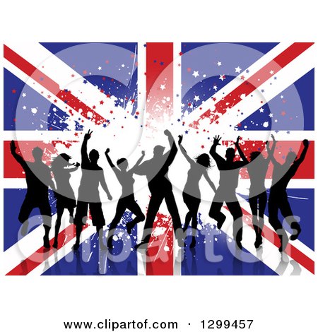 Clipart of a Silhouetted Group of Dancers over White Grunge on a Union Jack Flag - Royalty Free Vector Illustration by KJ Pargeter